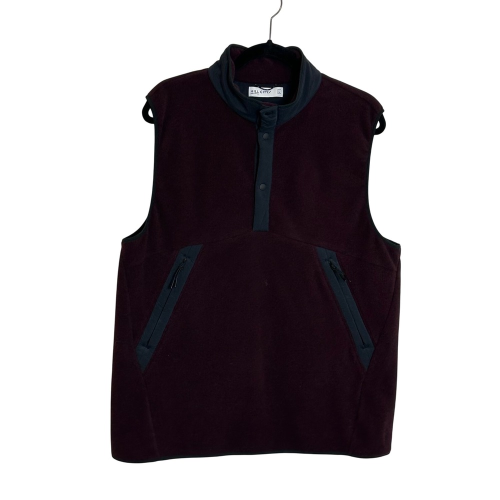 Hill City Fleece Vest Men's Size L‎ Burgundy Snap Neck Pockets Commuter Travel